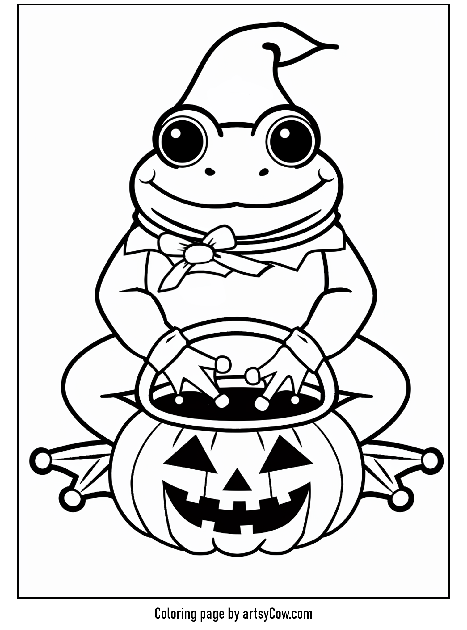 a frog dressed as a witch, sitting on a pumpkin